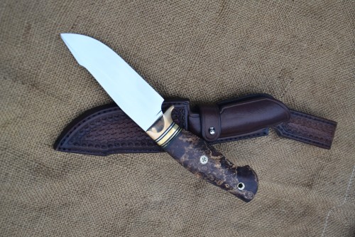 Нож Коготь - сталь К110, латунь, G10, нейзильбер, стабилизированный кап клёна, мозаичные пины.